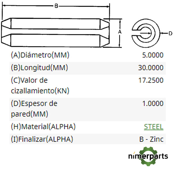 34M7033 PASADOR ELÁSTICO DE ACERO RANURADO JOHN DEERE Nimerparts